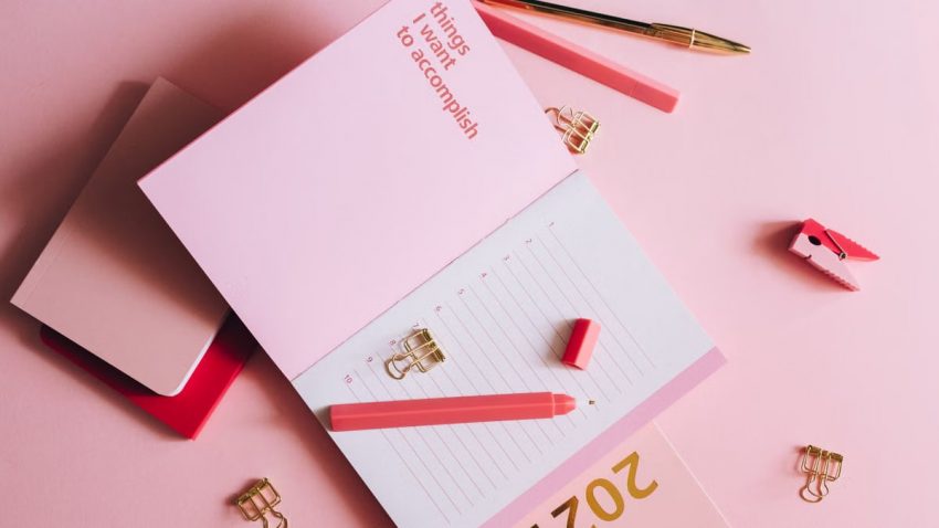 Organized workspace with pink planner, pen, and clips on pastel background.